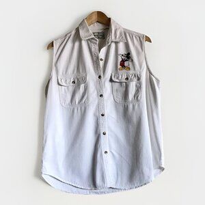 Rosettes White Sleeveless Denim Button Down Mickey Mouse Embroidered‎ Size Large